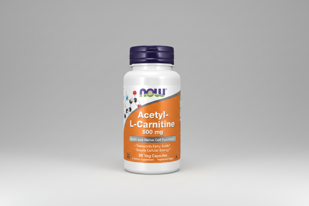 Supplement bottle of Acetyl-L-Carnitine 500 mg with NOW brand on a white background