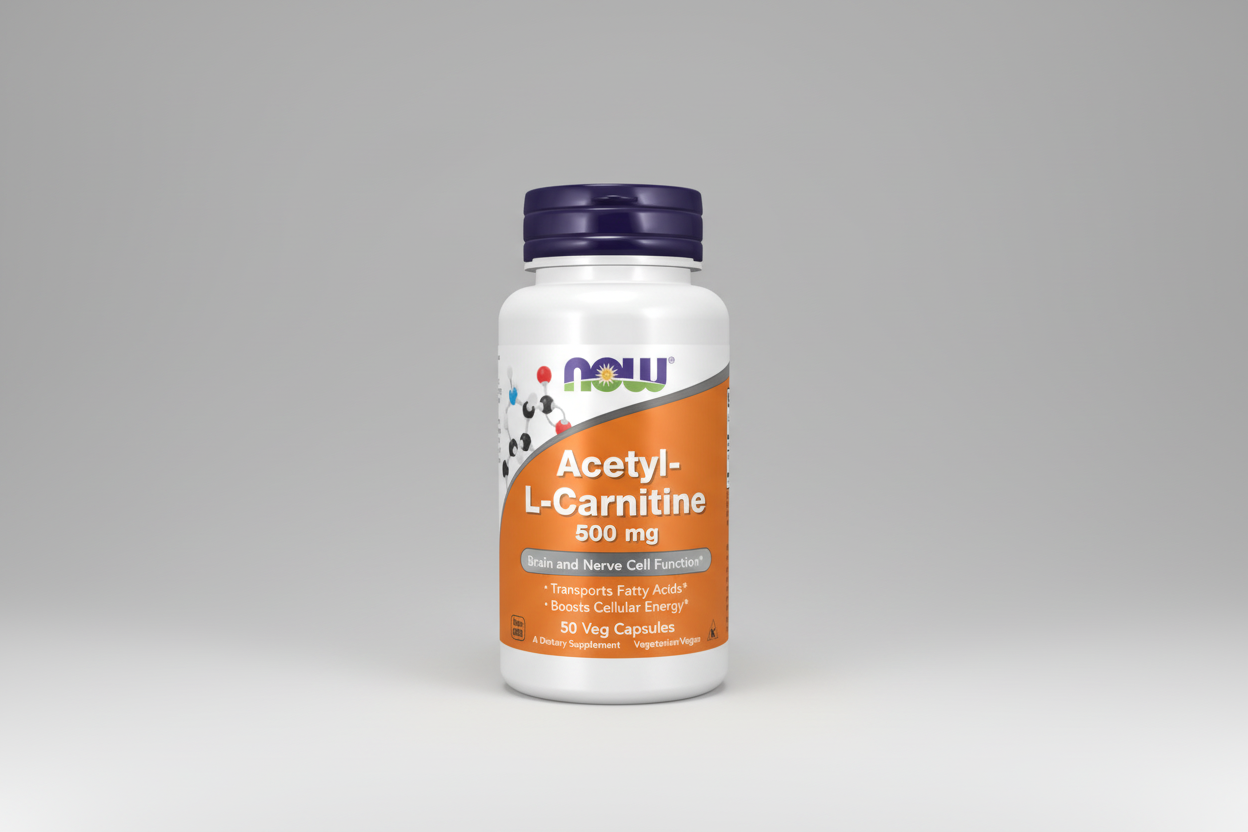 Supplement bottle of Acetyl-L-Carnitine 500 mg with NOW brand on a white background