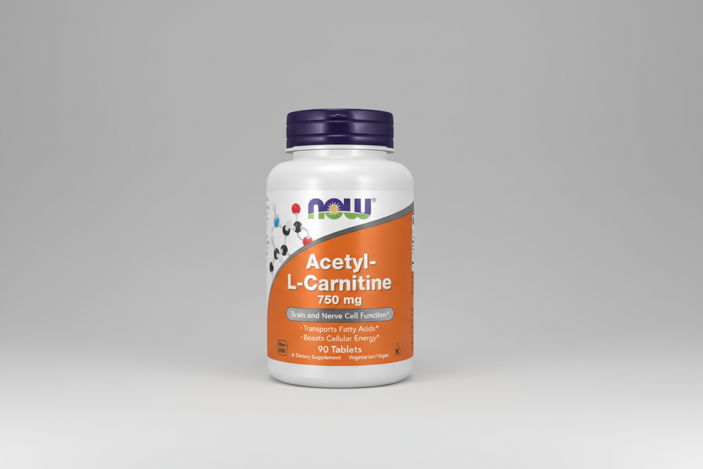 Supplement bottle of Acetyl-L-Carnitine 750 mg with NOW brand on a white background
