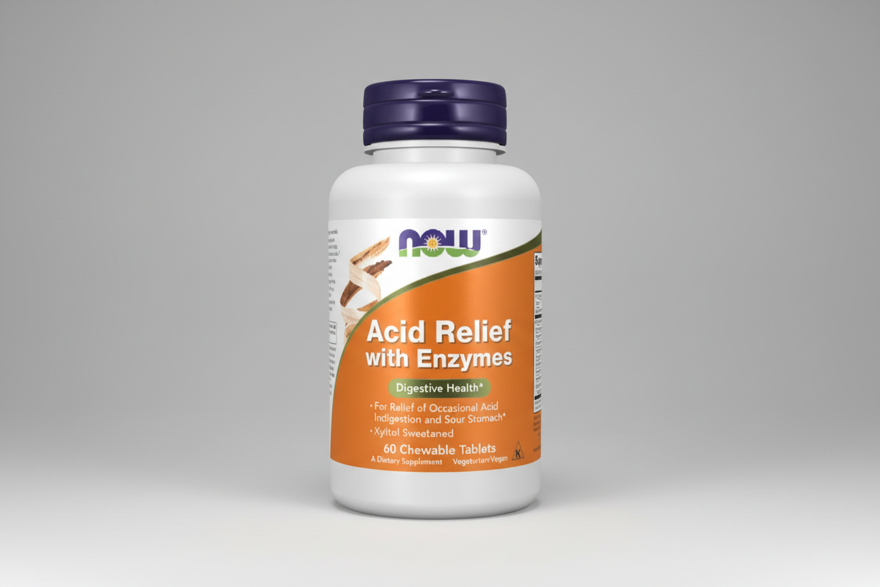 Supplement bottle labeled 'Acid Relief with Enzymes' by NOW on a white background