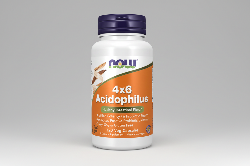 Supplement bottle labeled '4x6 Acidophilus' with NOW brand on a white background