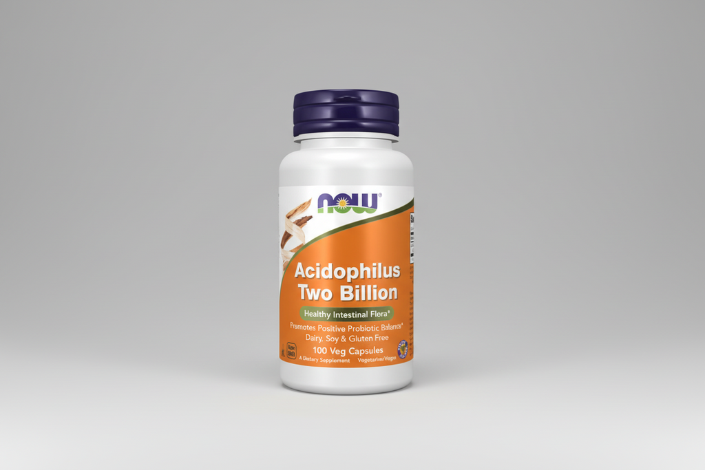 Supplement bottle labeled 'Acidophilus Two Billion' with NOW brand on a white background