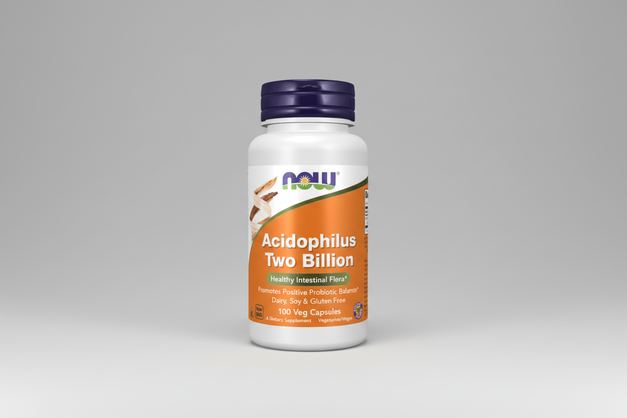 Supplement bottle labeled 'Acidophilus Two Billion' with NOW brand on a white background