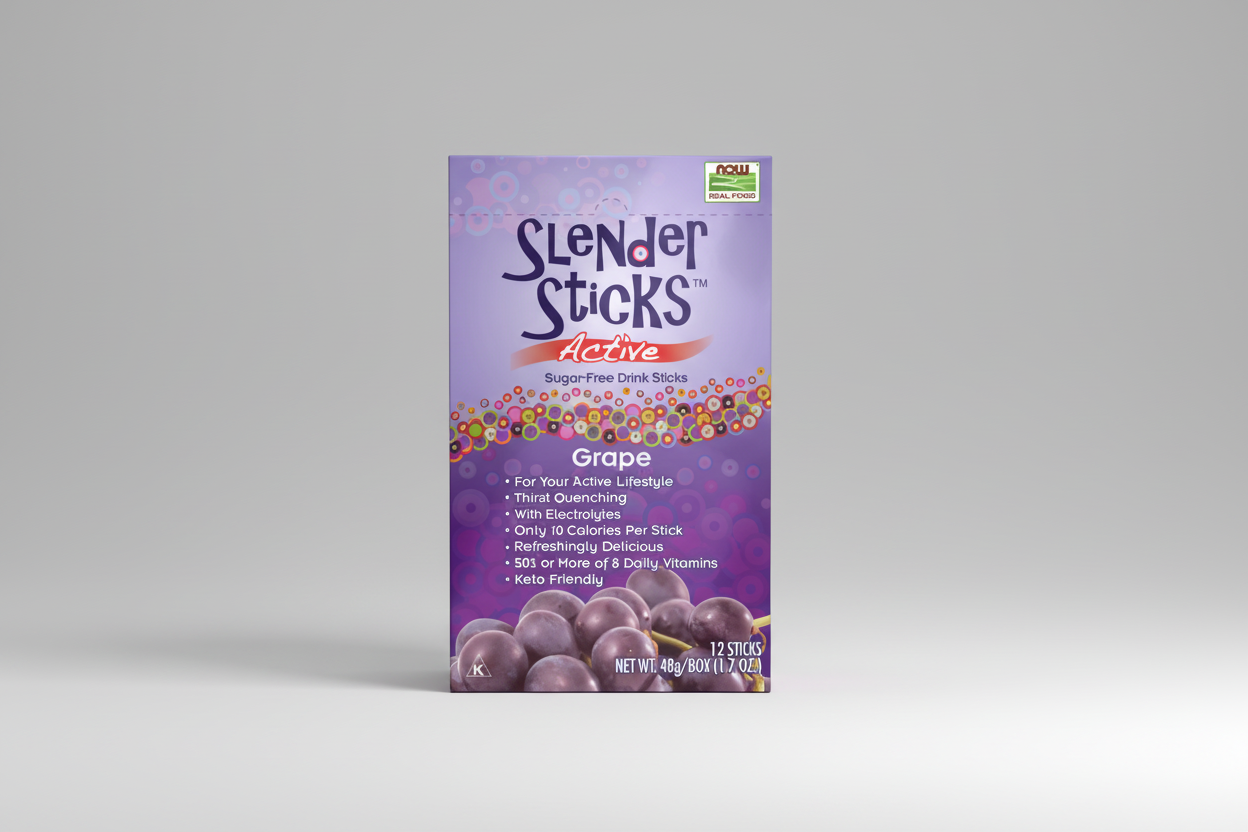 Box of Slender Sticks Active Sugar-Free Drink Sticks in Grape flavor on a white background