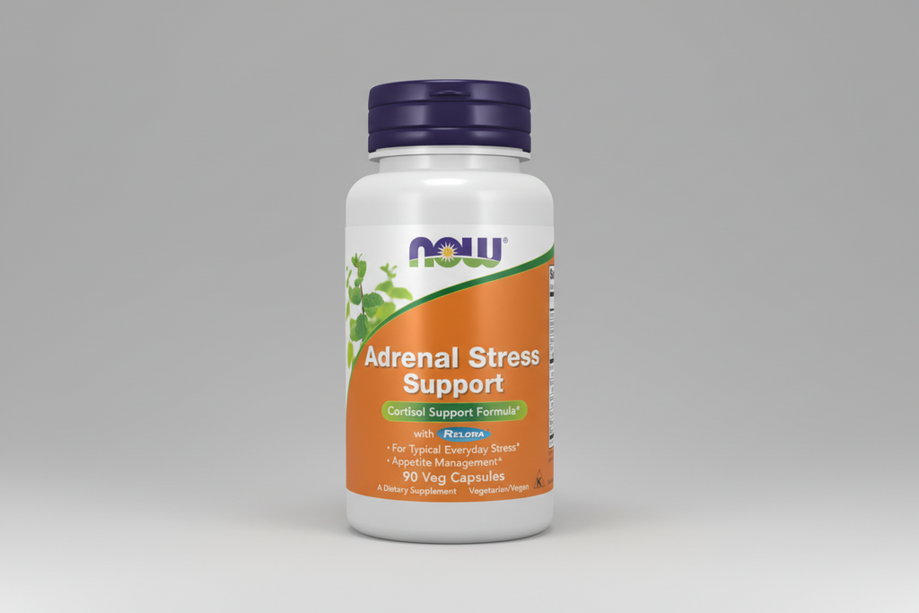 Supplement bottle labeled 'Adrenal Stress Support' with NOW brand on a white background