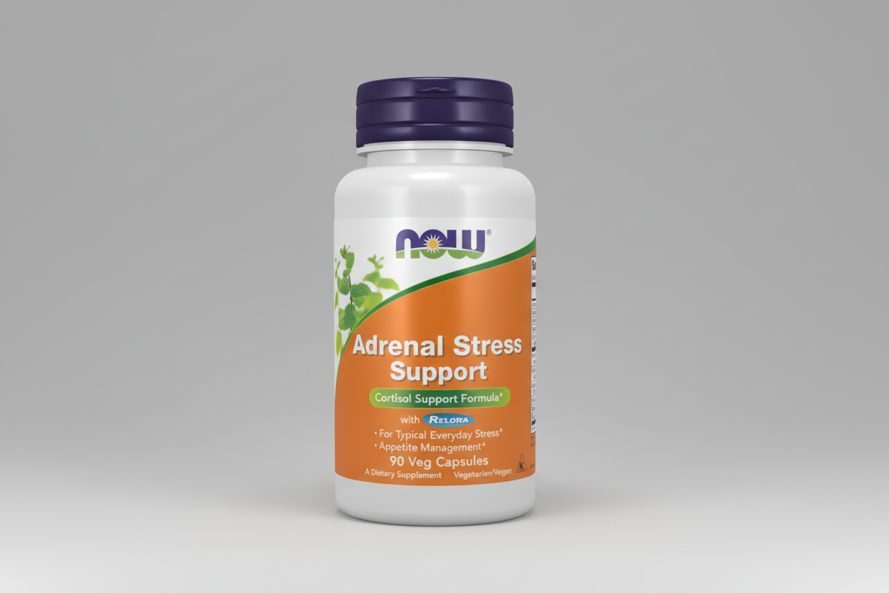 Supplement bottle labeled 'Adrenal Stress Support' with NOW brand on a white background