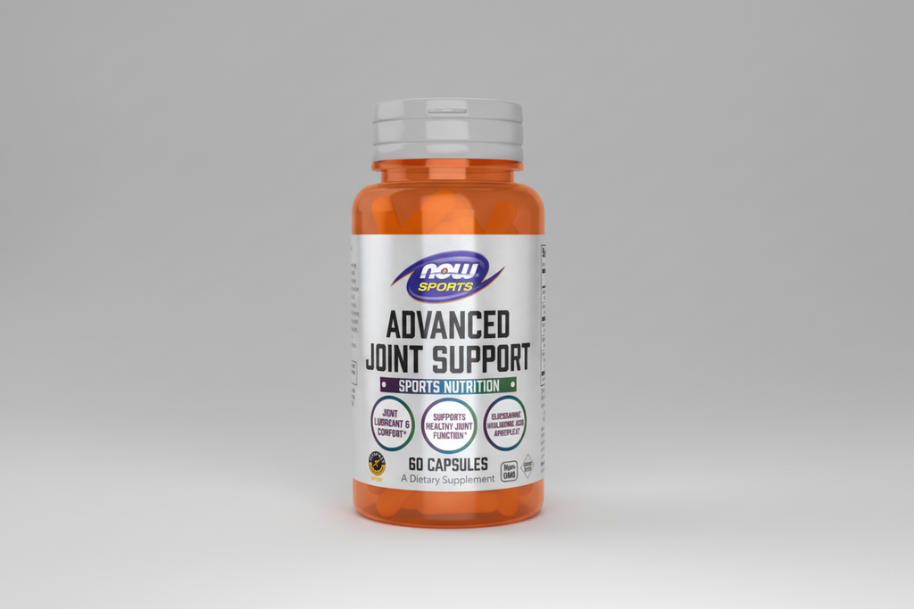 Supplement bottle labeled 'Advanced Joint Support' by NOW Sports on a white background