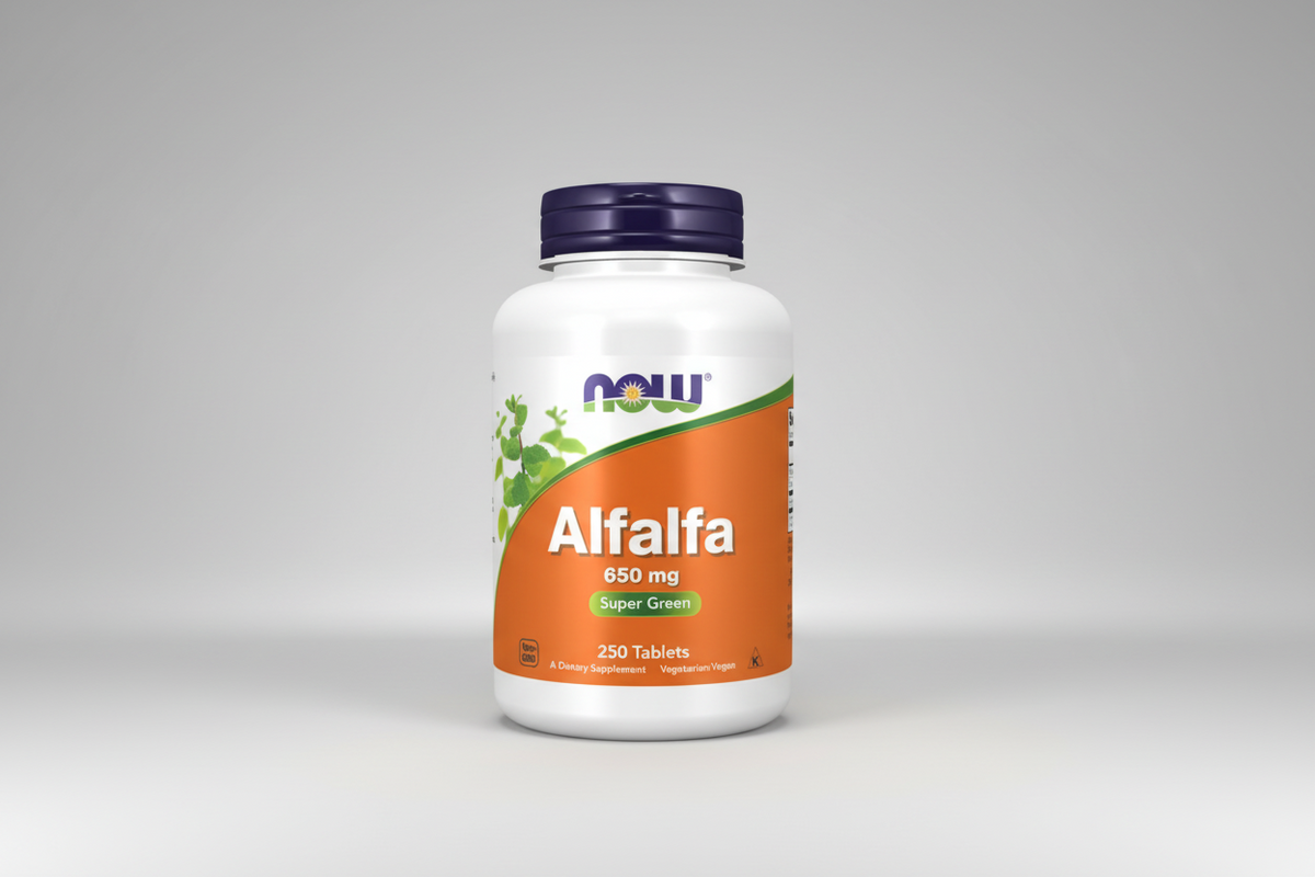 Supplement bottle labeled 'Alfalfa 650 mg Super Green' with NOW brand on a white background