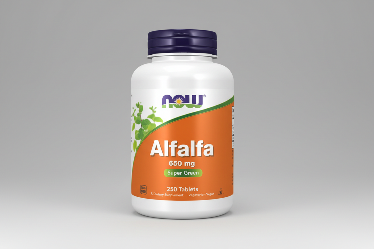 Supplement bottle labeled 'Alfalfa 650 mg Super Green' with NOW brand on a white background