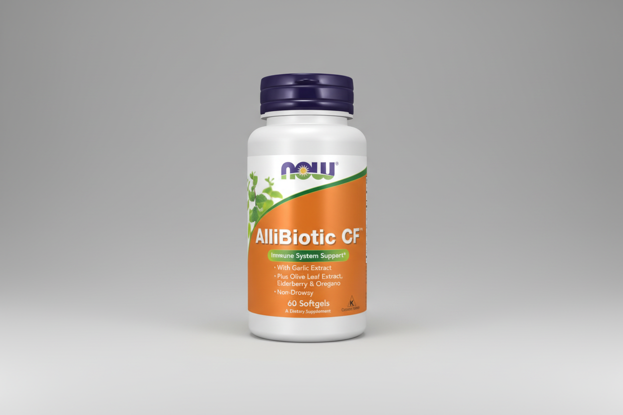 Supplement bottle labeled 'AlliBiotic CF' with NOW brand on a white background