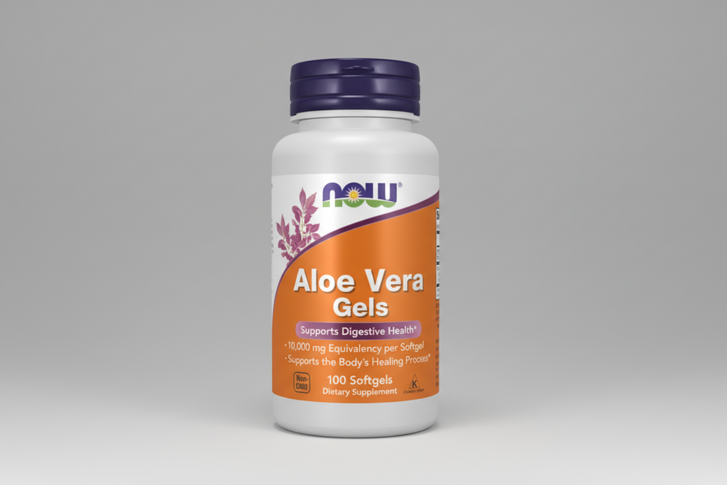 Supplement bottle labeled 'Aloe Vera Gels' by NOW on a white background