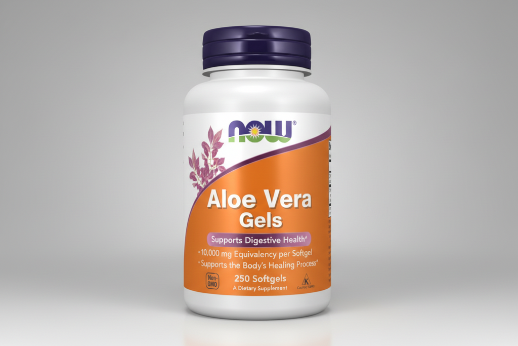A bottle of NOW Aloe Vera Gels on a white background