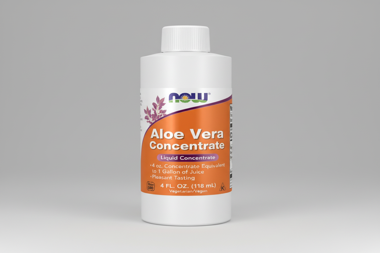 A bottle of NOW Aloe Vera Concentrate on a white background