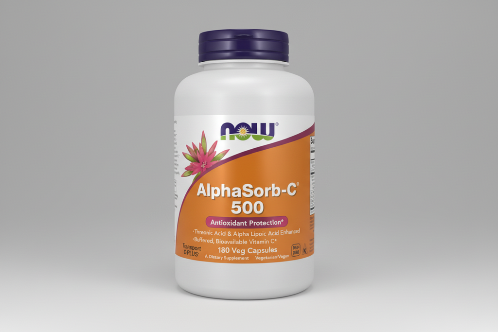 Supplement bottle labeled 'AlphaSorb-C 500' with Now brand on a white background