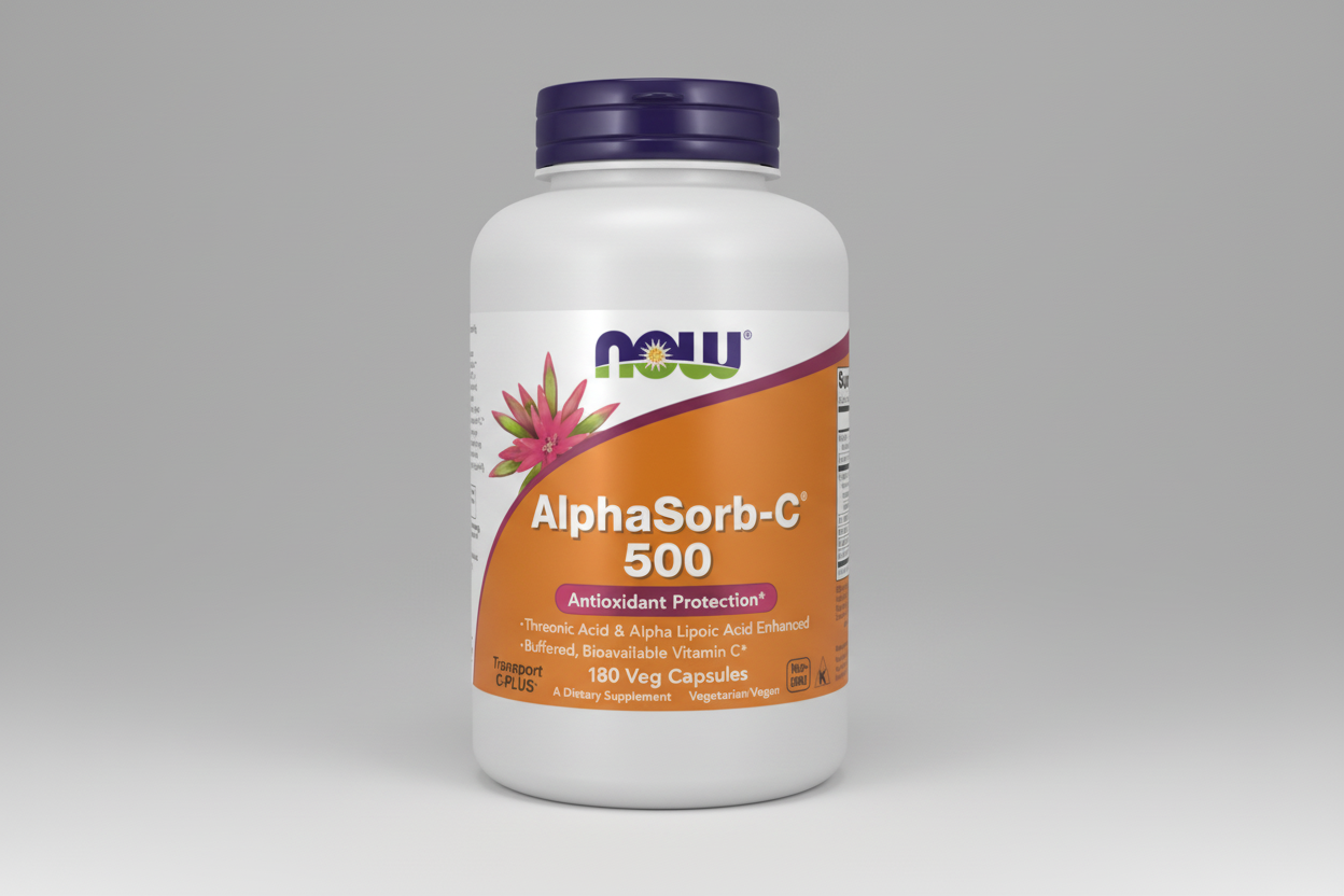 Supplement bottle labeled 'AlphaSorb-C 500' with Now brand on a white background