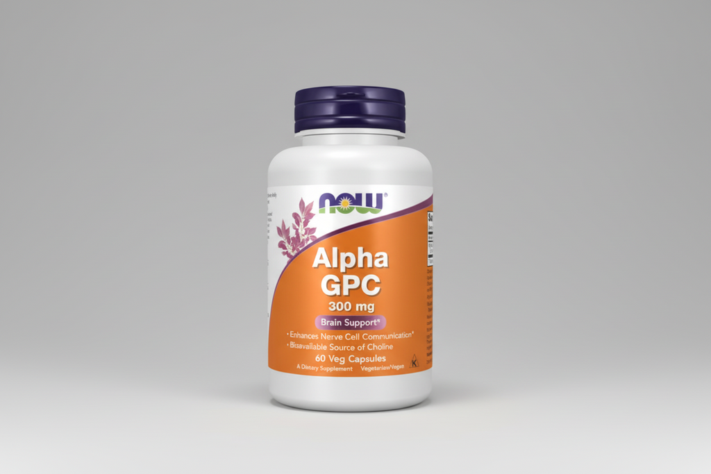 Supplement bottle labeled 'Alpha GPC' with Now brand on a white background