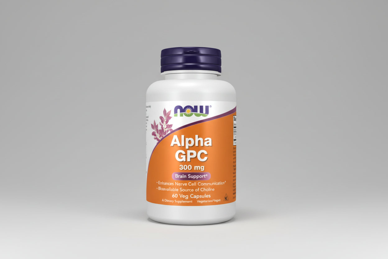 Supplement bottle labeled 'Alpha GPC' with Now brand on a white background