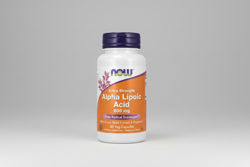 Supplement bottle of Extra Strength Alpha Lipoic Acid 600 mg with NOW brand on a white background