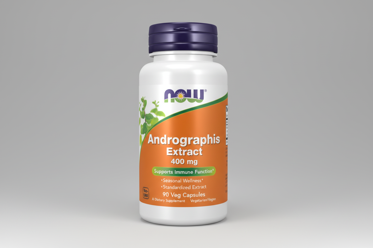 Supplement bottle labeled 'Andrographis Extract' with Now brand on a white background