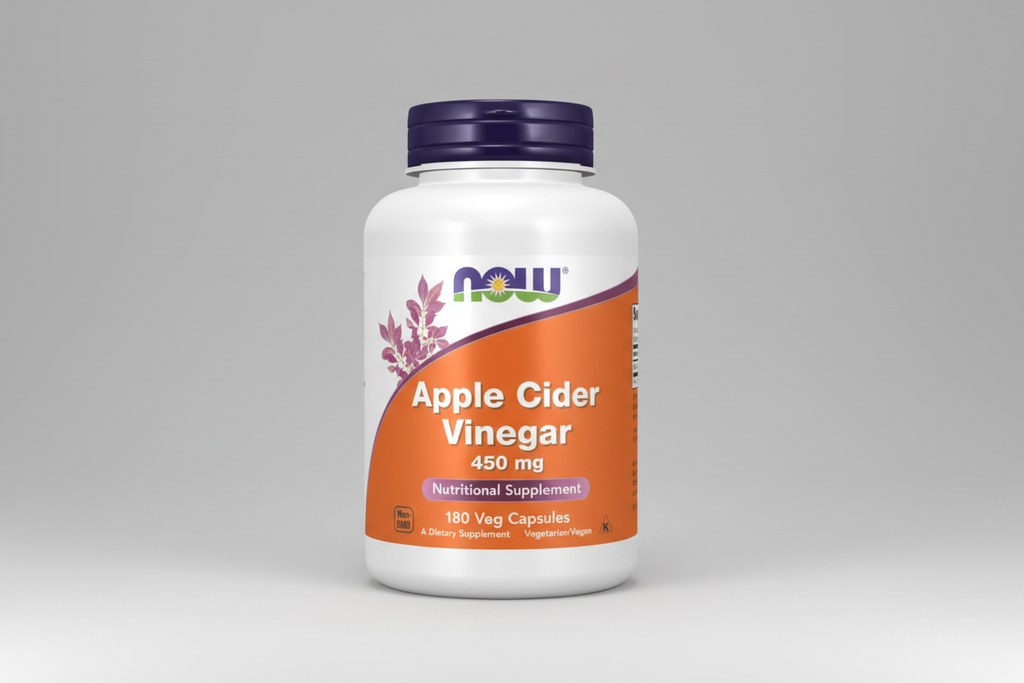 Supplement bottle of Apple Cider Vinegar by NOW on a white background