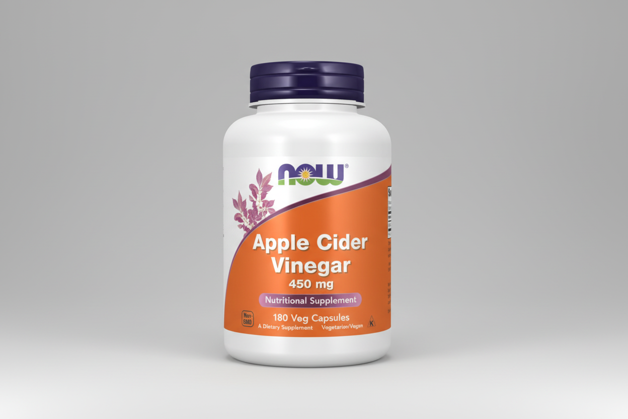 Supplement bottle of Apple Cider Vinegar by NOW on a white background