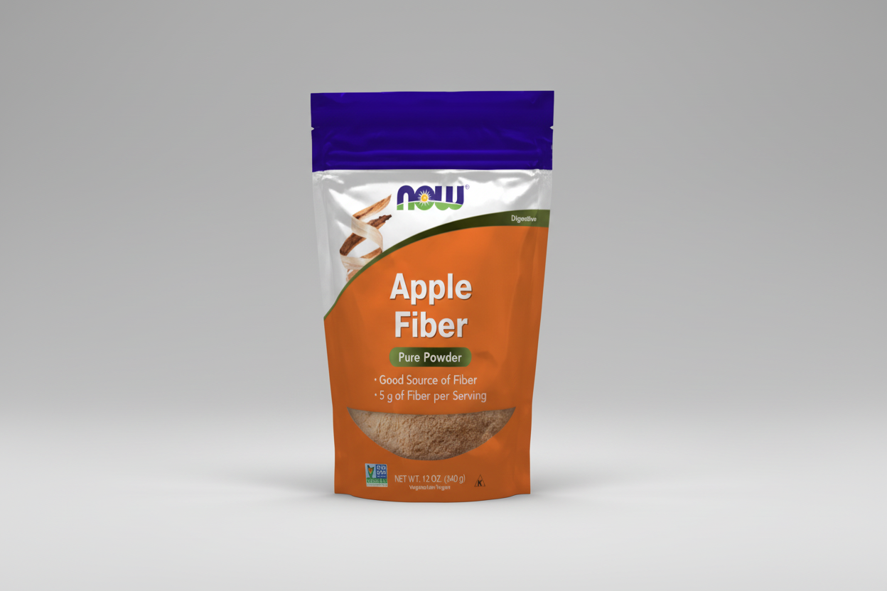 Package of NOW Apple Fiber Pure Powder on a white background