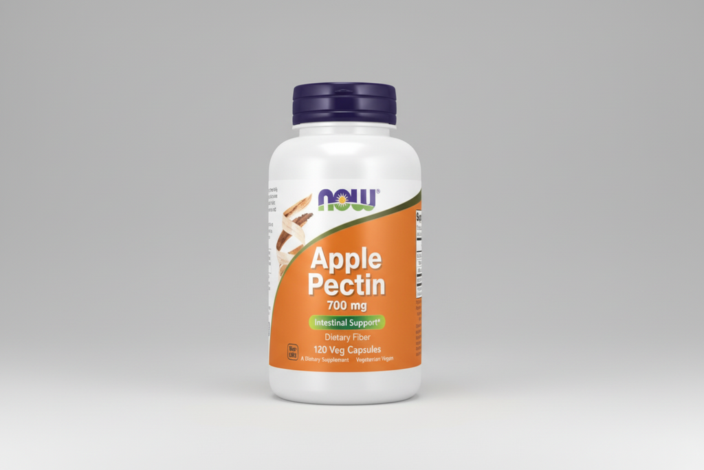 Supplement bottle of Apple Pectin with NOW brand label on a white background