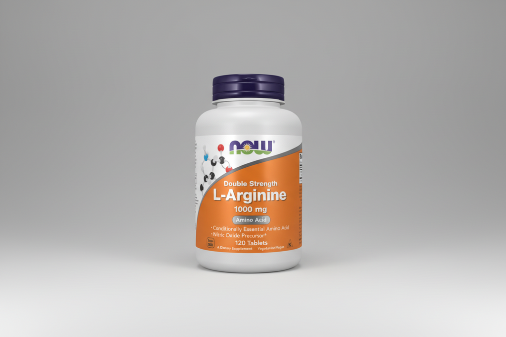 Supplement bottle labeled 'Double Strength L-Arginine 1000 mg' by NOW on a white background