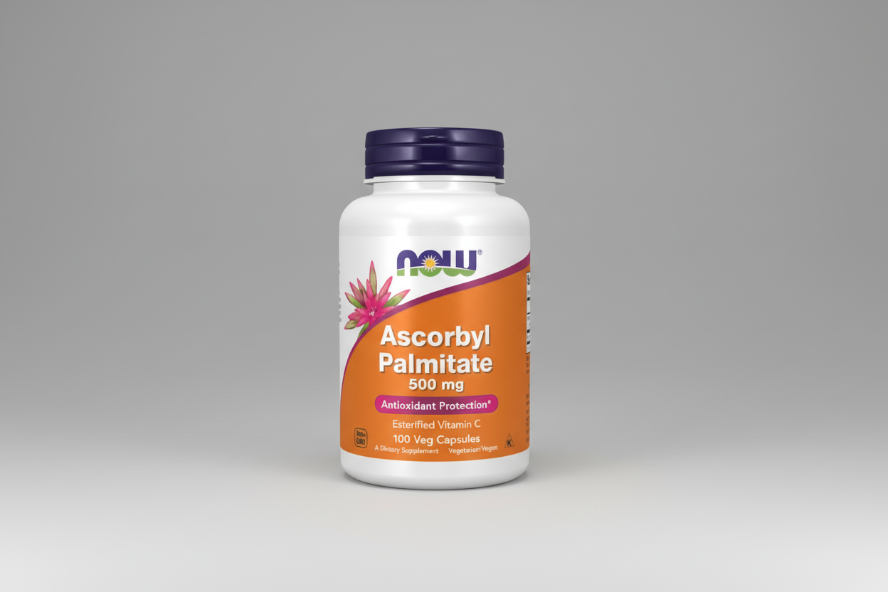 Supplement bottle labeled 'Ascorbyl Palmitate 500 mg' with NOW brand on a white background