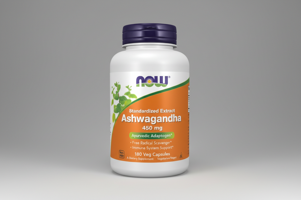 Supplement bottle of Ashwagandha with NOW brand on a white background
