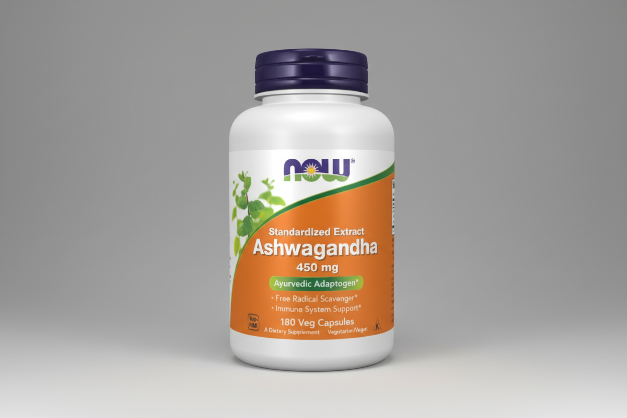 Supplement bottle of Ashwagandha with NOW brand on a white background