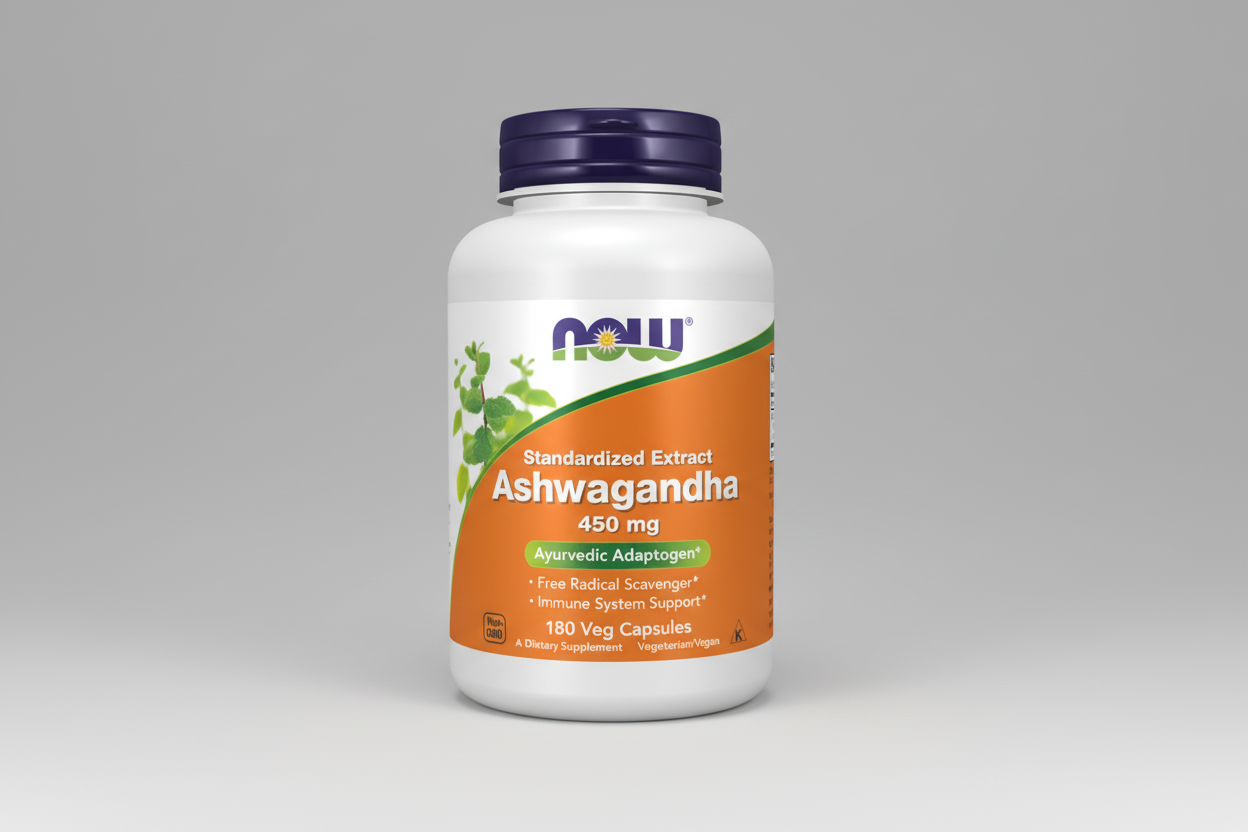 Supplement bottle of Ashwagandha with Now brand on a white background