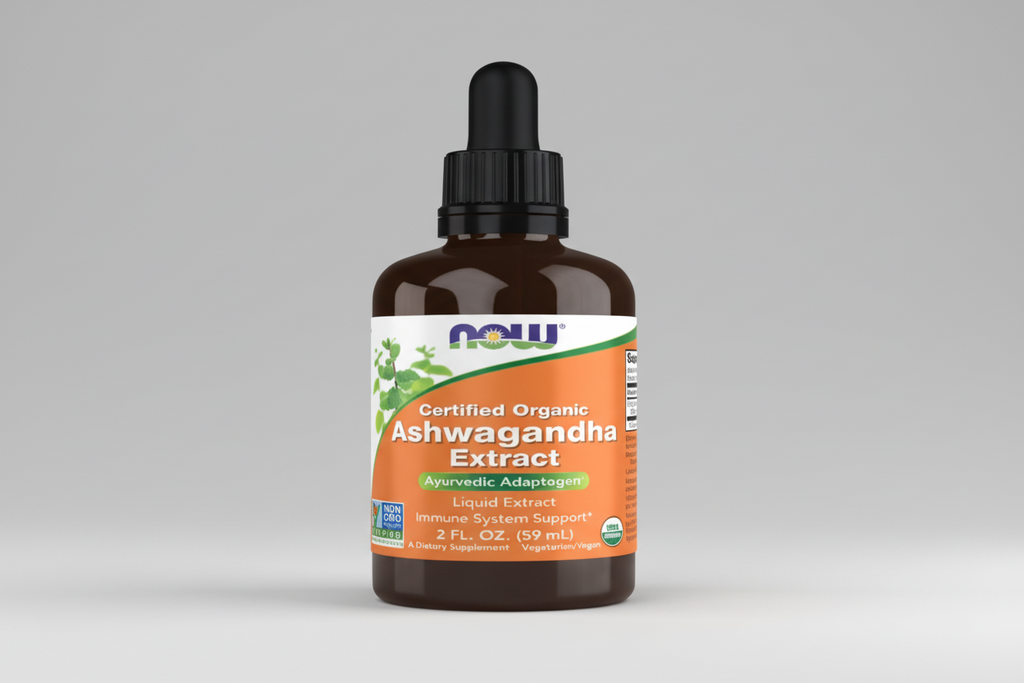 Bottle of NOW Certified Organic Ashwagandha Extract with dropper on a white background