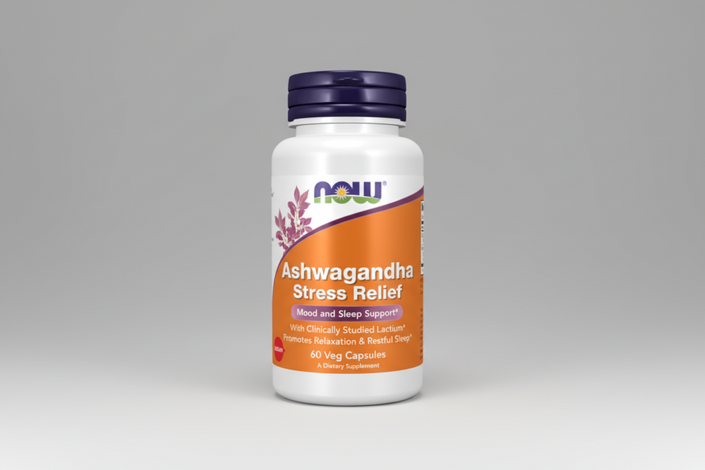 Supplement bottle labeled 'Ashwagandha Stress Relief' with NOW brand on a white background