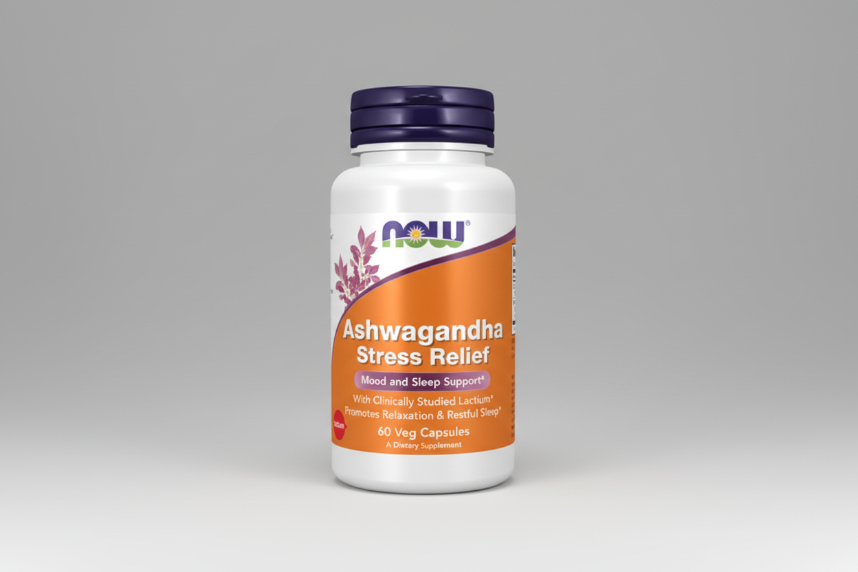 Supplement bottle labeled 'Ashwagandha Stress Relief' with NOW brand on a white background