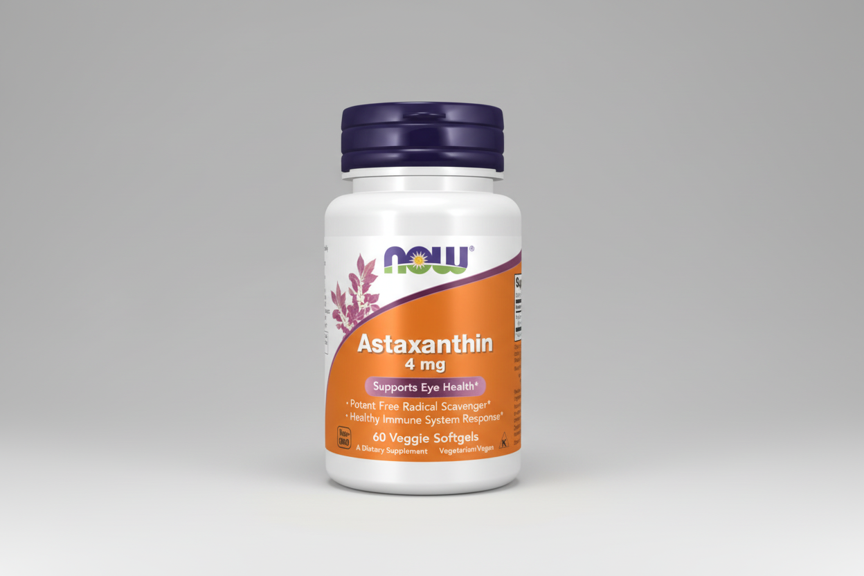 Supplement bottle labeled 'Astaxanthin 4 mg' by NOW on a white background
