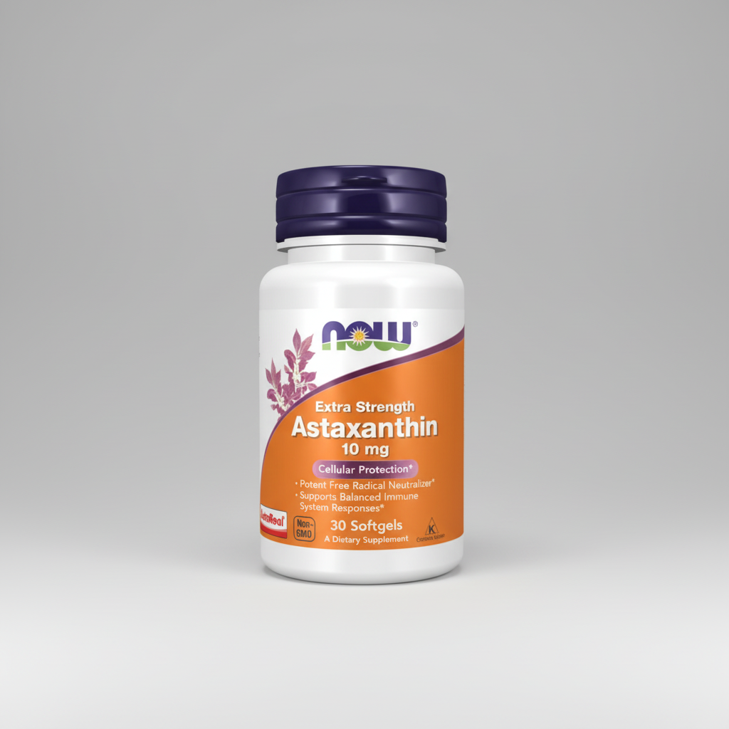 Supplement bottle labeled 'Extra Strength Astaxanthin' with NOW brand on a white background