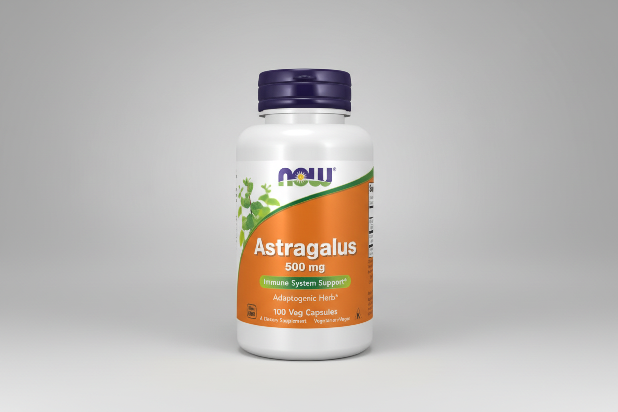 Supplement bottle labeled 'Astragalus' with NOW brand on a white background