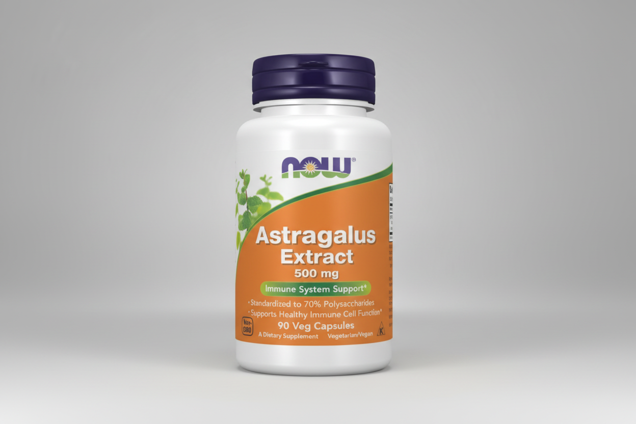 Supplement bottle of Astragalus Extract with NOW brand on a white background