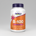 Supplement bottle labeled 'B-100' with Now brand on a white background
