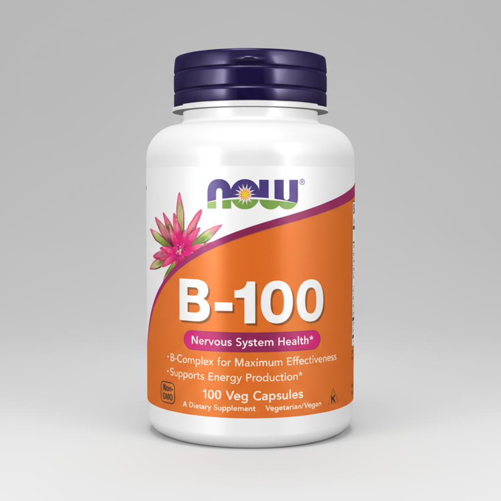 Supplement bottle labeled 'B-100' with Now brand on a white background