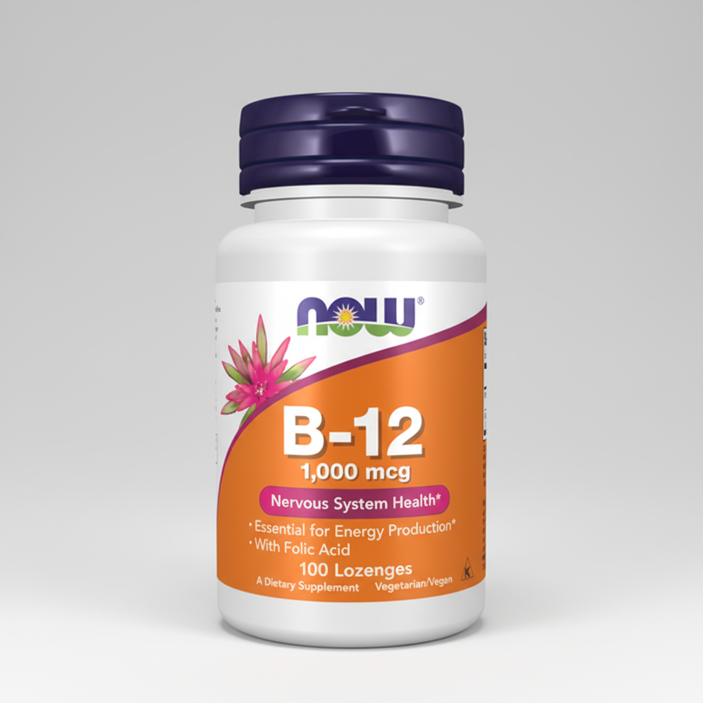 B-12 supplement bottle with purple cap and orange label on a white background