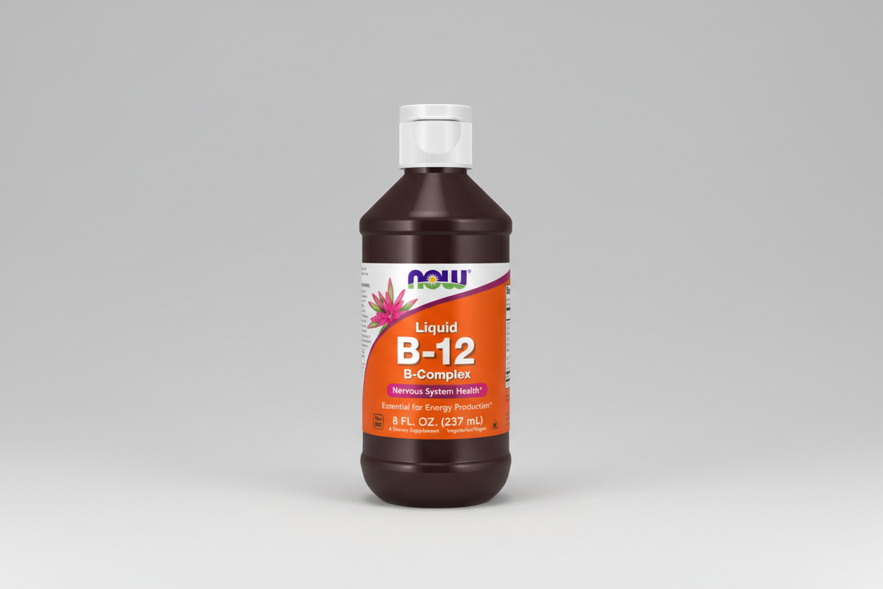 Bottle of NOW Liquid B-12 B-Complex supplement on a white background