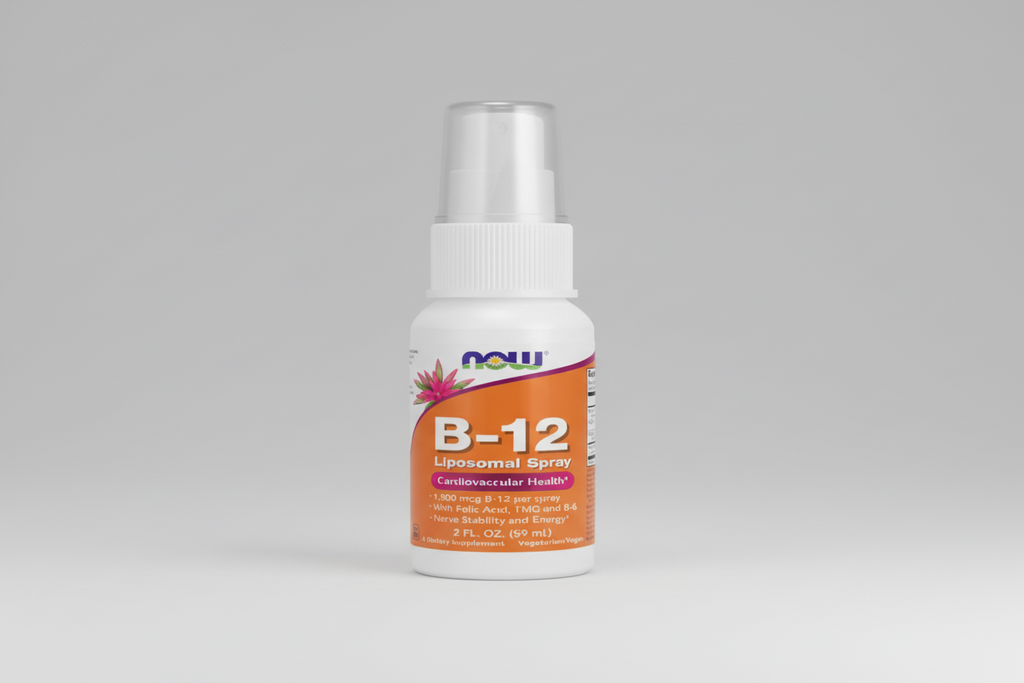 B-12 liposomal spray bottle with orange label on a white background