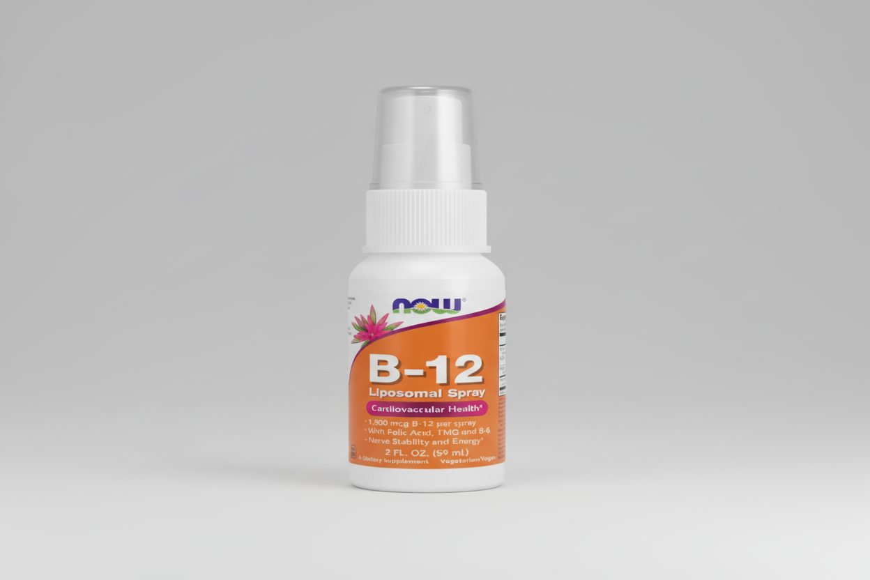 B-12 liposomal spray bottle with orange label on a white background