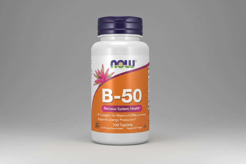 Supplement bottle labeled 'B-50' with Now brand on a white background