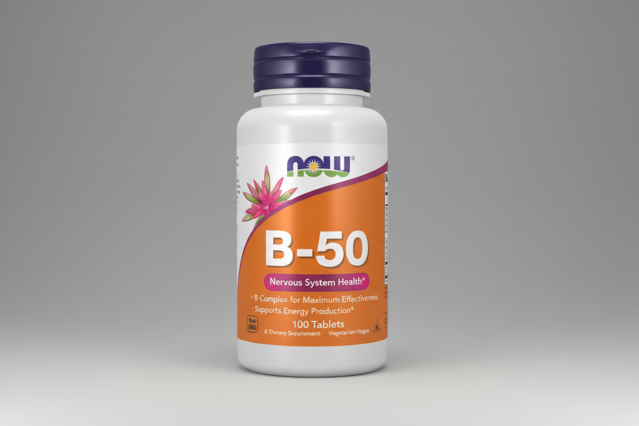 Supplement bottle labeled 'B-50' with Now brand on a white background