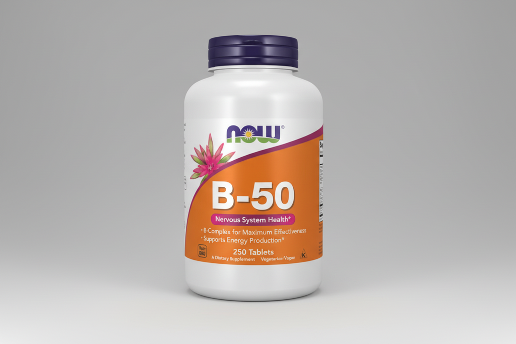 Supplement bottle labeled 'B-50' with Now brand on an orange and white background