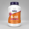 Supplement bottle labeled 'B-50' with Now brand on a white background