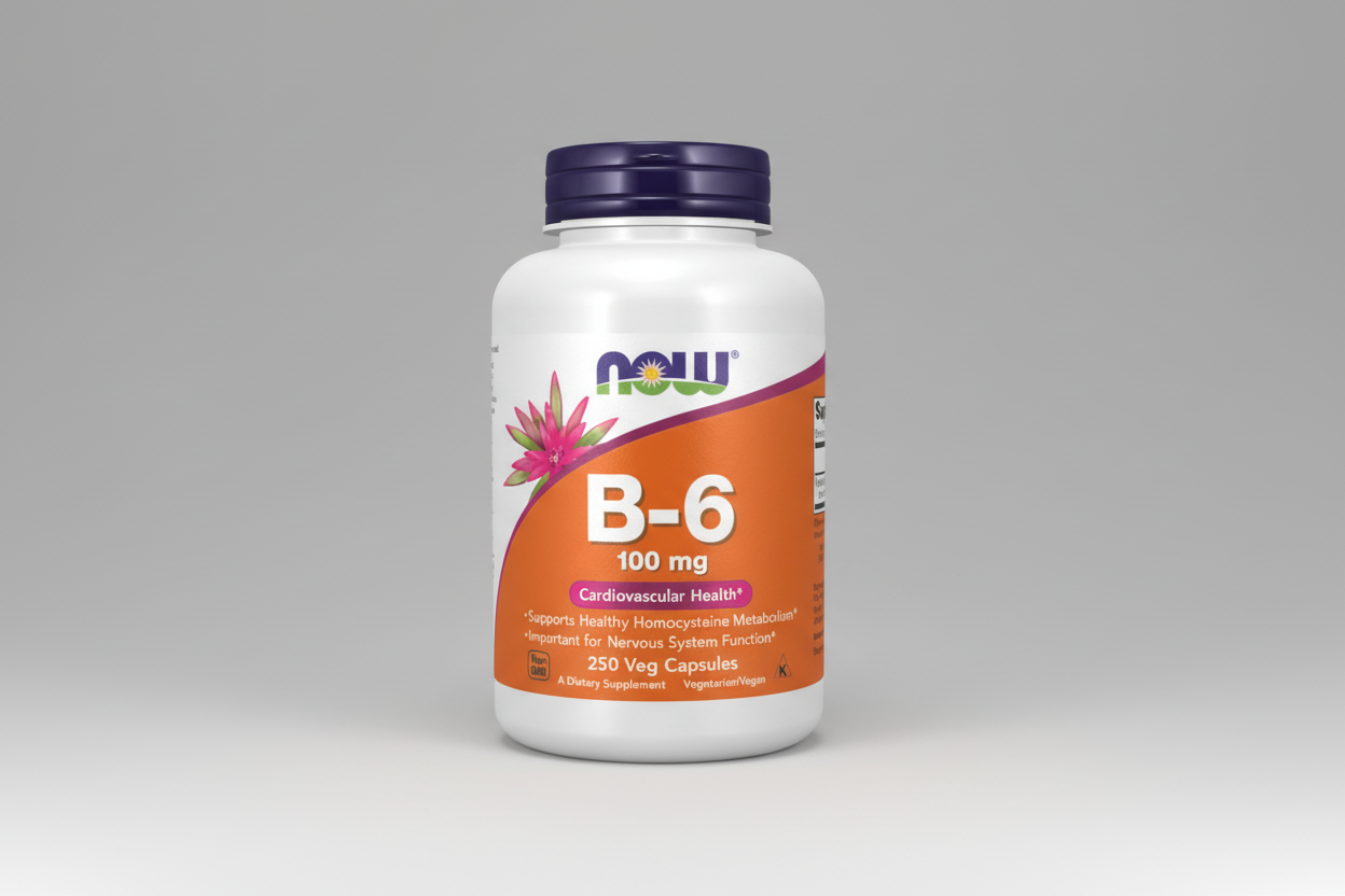 Supplement bottle labeled B-6 100 mg with Now brand on a white background